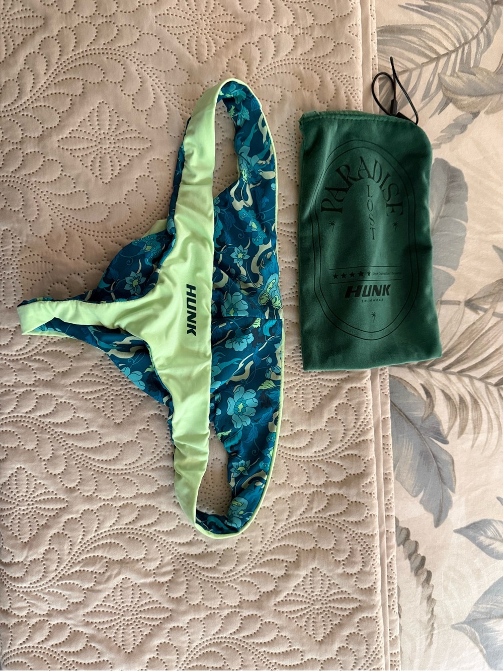 Hunk Menswear reversible green and Teal Floral Swim thong- medium - Picture 6 of 8